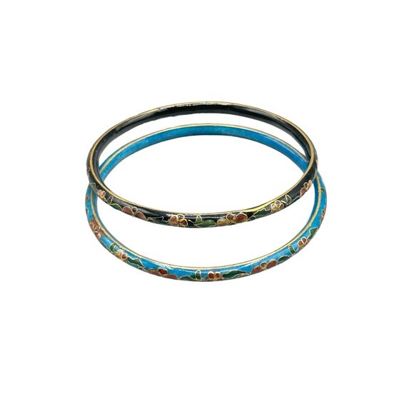 Set of 2 Cloisonne Enamel Bangles with Floral Design Black & Blue Thin Bracelets - Picture 1 of 6